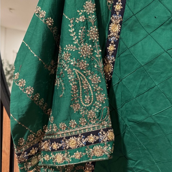 Maria B Tops - Emerald Green Blouse with Gold Embroidery